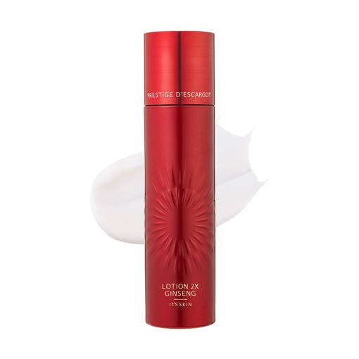 Tall red bottle of nourishing ginseng lotion with subtle embossed design and smooth lotion texture background