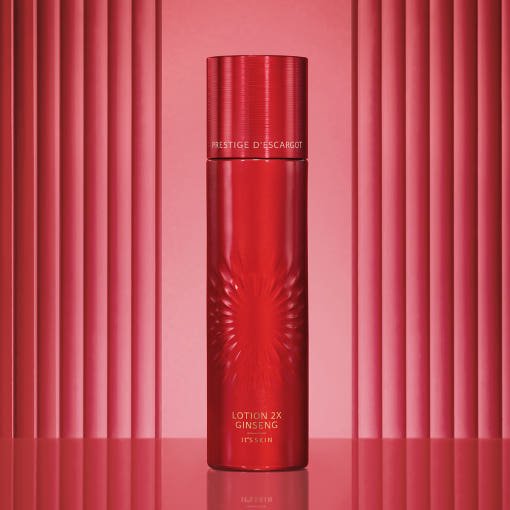 Tall red bottle of nourishing ginseng lotion with subtle embossed pattern against matching vertical lines background