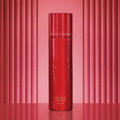 Tall red bottle of nourishing ginseng lotion with subtle embossed pattern against matching vertical lines background