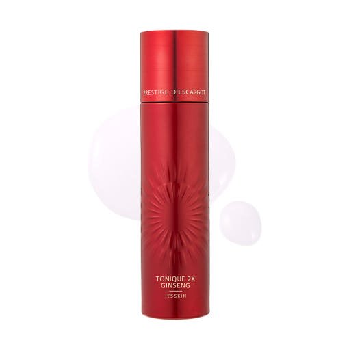 Tall sleek red bottle of nourishing ginseng tonique with embossed sunburst design for rich skin hydration