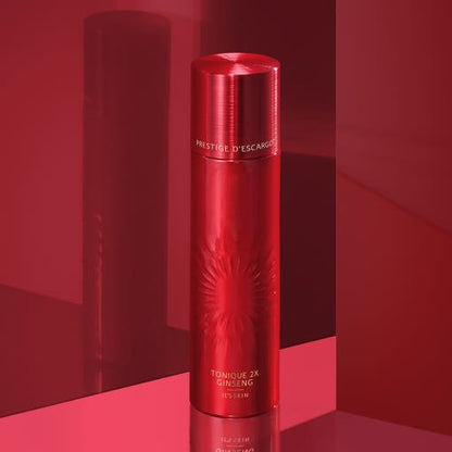 Tall red cylindrical skincare bottle with metallic cap and sunburst design for rich nutrition toner product
