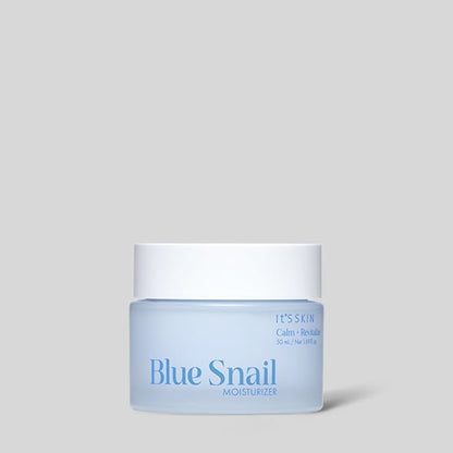 Light blue jar of hydrating Blue Snail moisturizer with a white lid on plain gray background