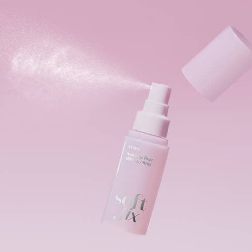 ETUDE Soft Fix Makeup Fixer 50ml in light pink bottle spraying fine mist for long-lasting hold makeup setting