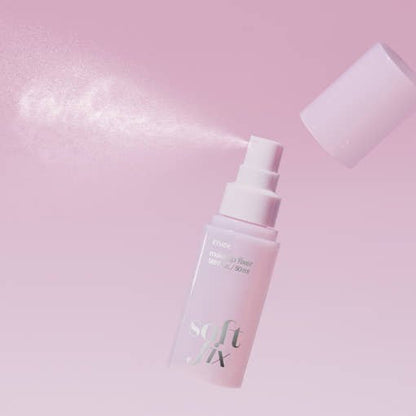 ETUDE Soft Fix Makeup Fixer 50ml bottle spraying fine mist for long-lasting hold on pink background