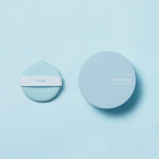 ETUDE Sebum Soak Jelly Powder 8g with light blue container and matching puff for effective oil control