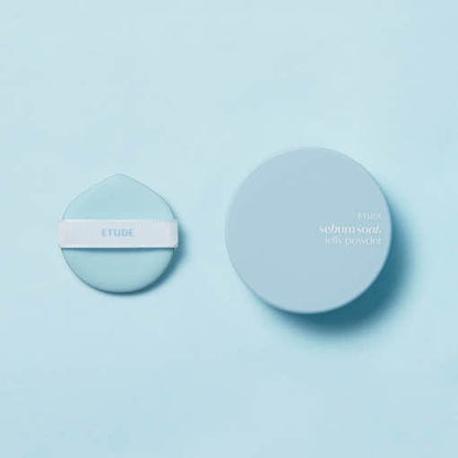 ETUDE Sebum Soak Jelly Powder 8g with light blue container and matching puff for effective oil control