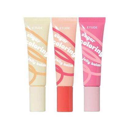 ETUDE Sugar Coloring Jelly Balm 9g trio in pastel cream, coral, and pink tubes for hydration boost and subtle lip tint