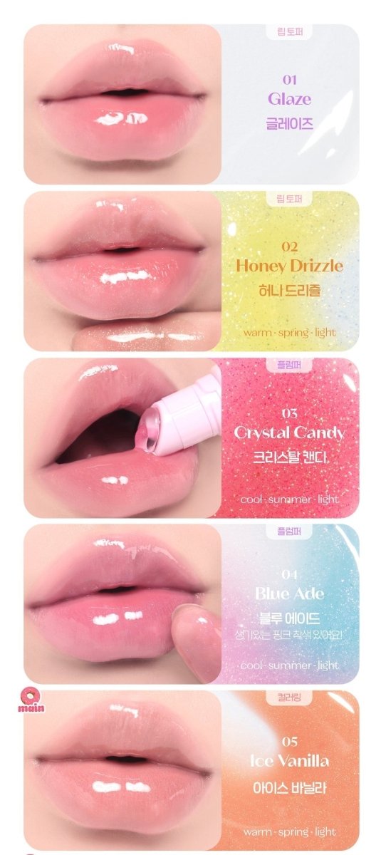 ETUDE Sugar Coloring Jelly Balm 9g shown in five glossy shades with hydration boost on lips in soft natural lighting