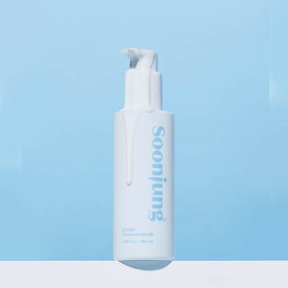 ETUDE Soonjung 5.6 Cleansing Milk 200ml bottle with gentle cleansing formula on light blue background