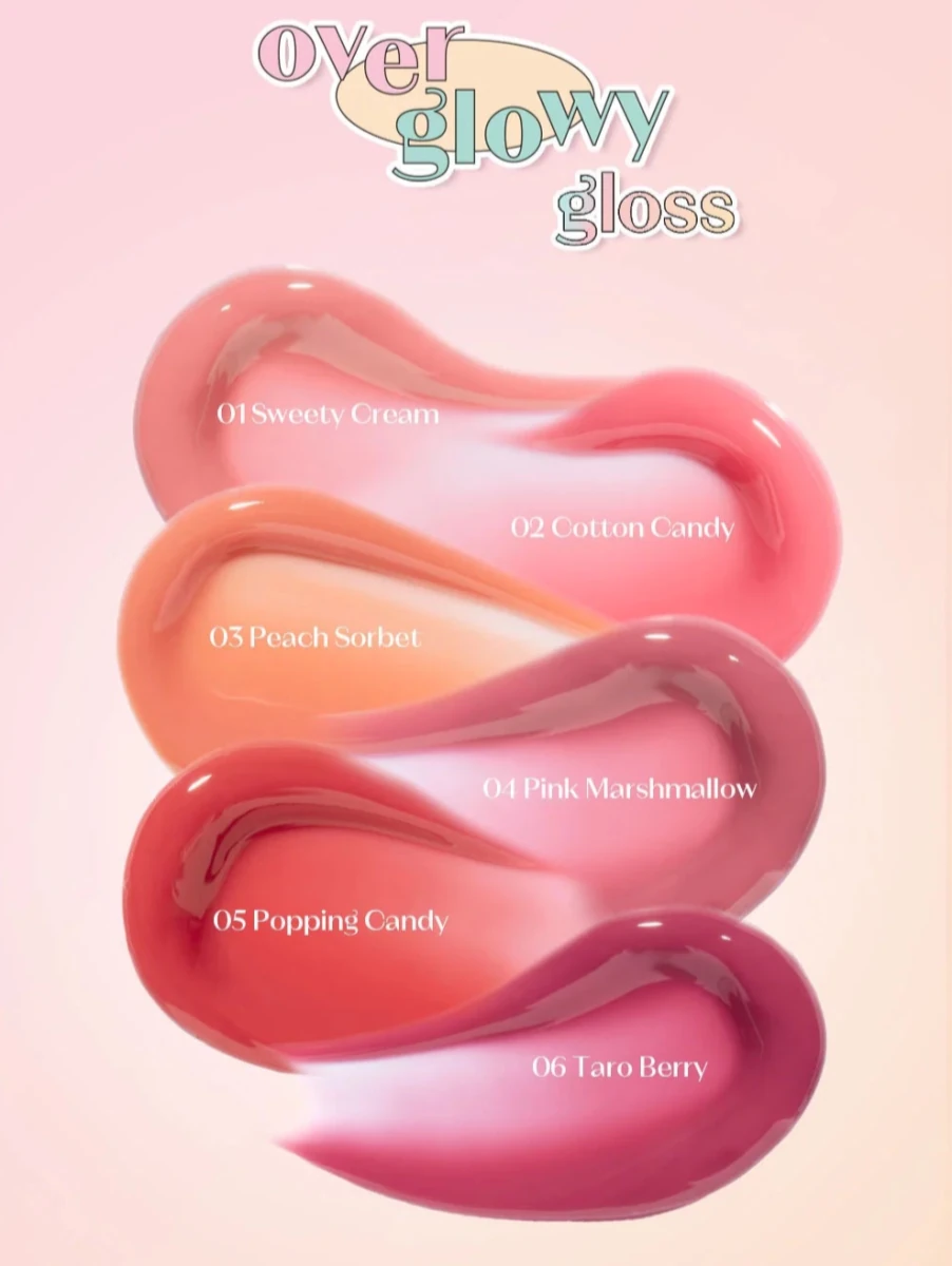 ETUDE Overglowy Gloss #Sarr Sweeties 3g swatches showing six vibrant shades with a volumizing effect on a pink background
