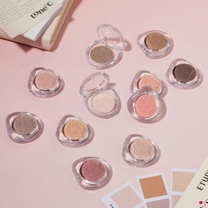 ETUDE What's In My Eyes 2g (29 Colors) eyeshadows in various warm and neutral shades displayed on pink surface