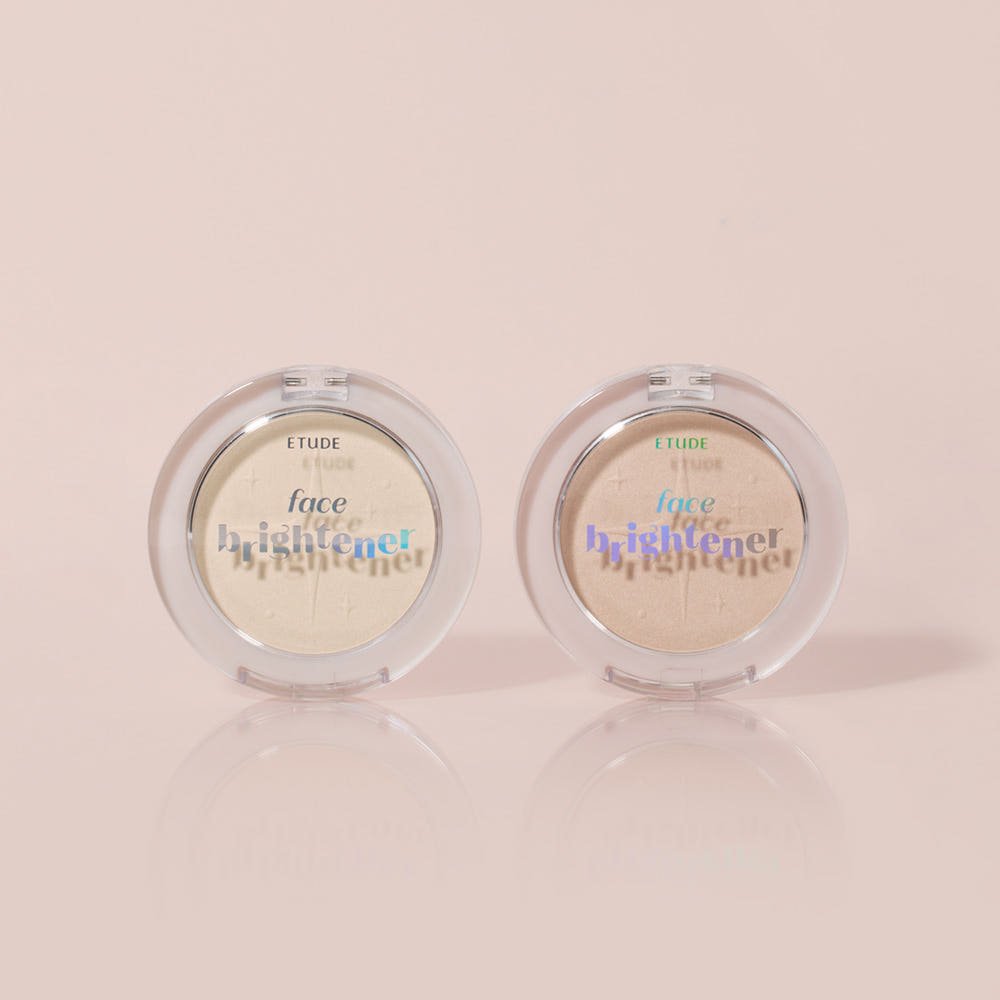 ETUDE Face Brightner 5g in two shades with natural highlight effect in clear compact packaging on soft pink background