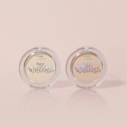 ETUDE Face Brightner 5g in two shades with natural highlight effect in clear compact packaging on soft pink background