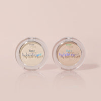 ETUDE Face Brightner 5g in dual natural highlight shades with clear compact cases on soft blush background