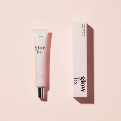 ETUDE Glow Fix Tone-up Base SPF 50+/PA++++ 30ml tube and matching box with hydration boost formula on pink background