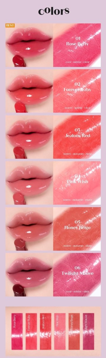 ETUDE Color Lasting Glow Stick 3.2g swatches showing six hydrating shades from soft pink to deep mauve