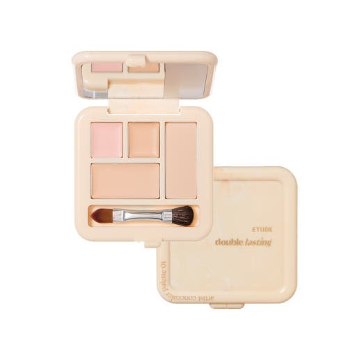 ETUDE Double Lasting Artist Concealer Palette 5.3g with multiple neutral shades and small brush for full coverage application