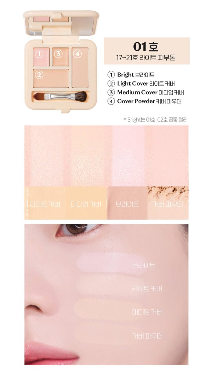 ETUDE Double Lasting Artist Concealer Palette 5.3g with four shades including bright, light cover, medium cover, and cover powder samples on skin