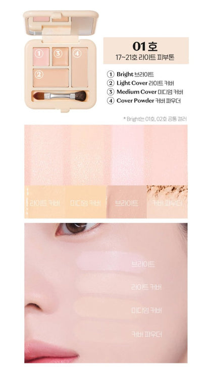 ETUDE Double Lasting Artist Concealer Palette 5.3g with four shades including bright, light cover, medium cover, and cover powder samples on skin