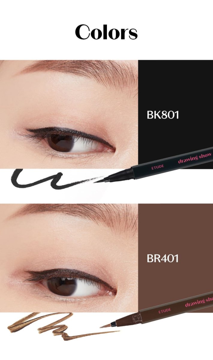 ETUDE Drawing Show Brush Eyeliner 0.6g in black BK801 and brown BR401 with smooth, precise application strokes
