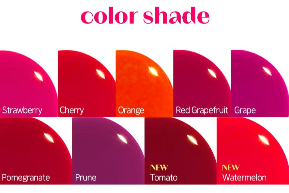 ETUDE Dear Darling Water Tint 9g vibrant color swatches in strawberry, cherry, orange, red grapefruit, grape, pomegranate, prune, tomato, and watermelon shades