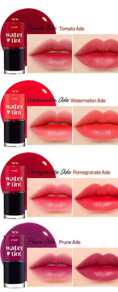 ETUDE Dear Darling Water Tint 9g showing vibrant lip color swatches in Tomato, Watermelon, Pomegranate, and Prune Ade shades