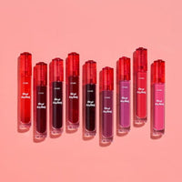 ETUDE Dear Darling Water Gel Tint 5g in vibrant shades showcasing long-lasting wear on pink background