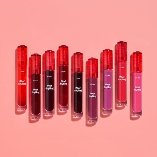 ETUDE Dear Darling Water Gel Tint 5g in vibrant shades showcasing long-lasting wear on pink background