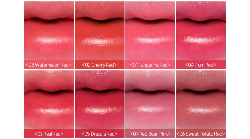 ETUDE Dear Darling Water Gel Tint 5g lip swatches showing vibrant long-lasting red and pink shades on lips