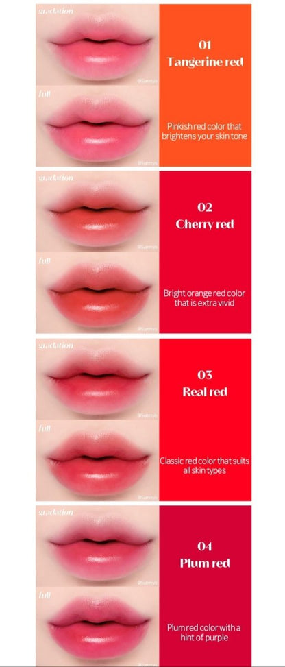 ETUDE Dear Darling Water Gel Tint 5g swatches showing 4 vivid red shades with long-lasting wear on lips