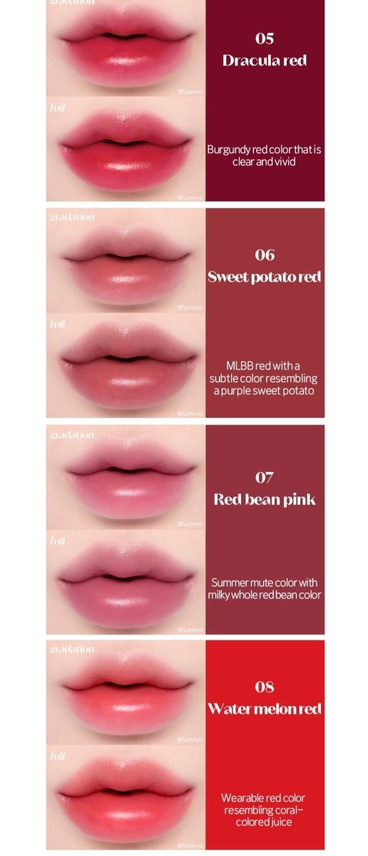 ETUDE Dear Darling Water Gel Tint 5g in shades showing long-lasting, vivid berry and red color lip swatches.