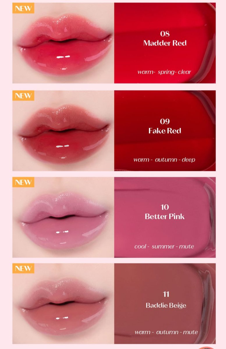 ETUDE Over Glowy Tint 3g #Not Bad on lips in shades Madder Red, Fake Red, Better Pink, and Baddie Beige with glossy finish