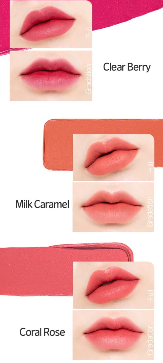 ETUDE Fixing Tint Bar 3.2g showing lip color swatches in Clear Berry, Milk Caramel, and Coral Rose shades with long-lasting wear