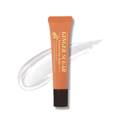 ETUDE Ginger Sugar Essential Lip Balm 15ml in warm orange tube with clear balm swatch showing long-lasting hydration