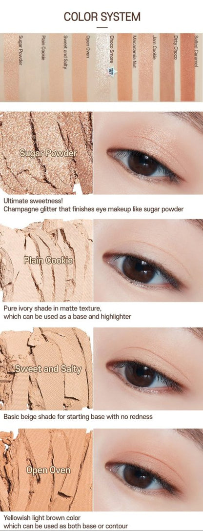 ETUDE Play Color Eyes 9-Color 7.2g #Cookie Chips palette swatches in rich shades from glitter to matte for versatile eye looks
