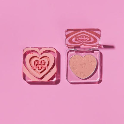 ETUDE Heart Flutter Blusher 4g #Pinkarchive in heart-shaped compact with stylish collaboration design on pink background