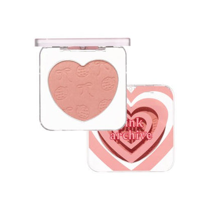 ETUDE Heart Flutter Blusher 4g #Pinkarchive in heart-shaped compact with embossed details and pink swirl packaging