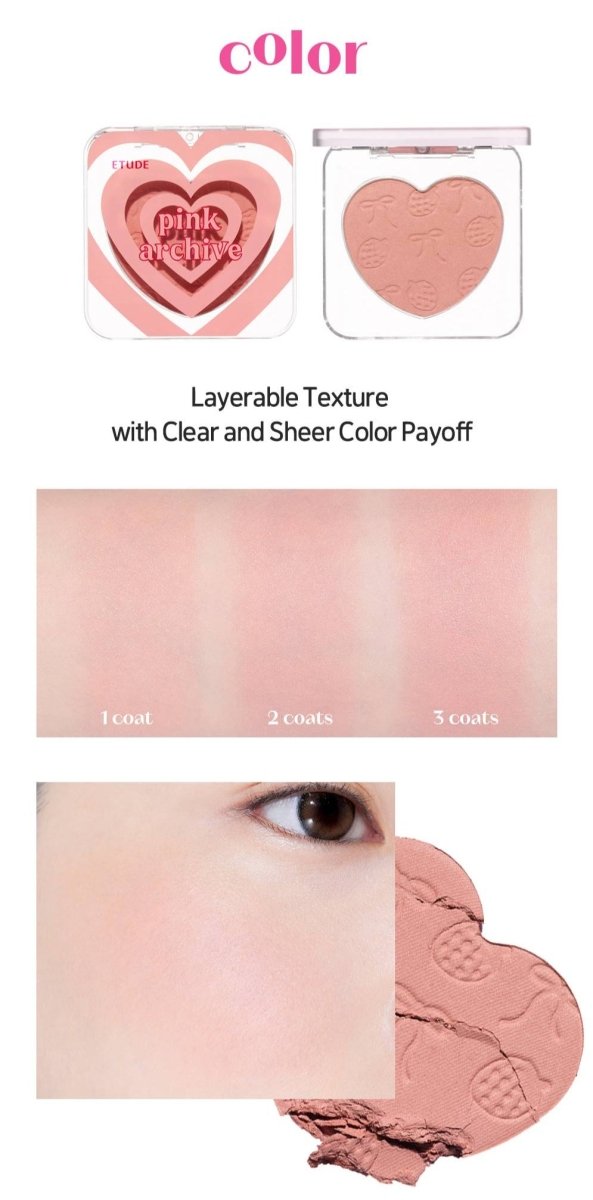 ETUDE Heart Flutter Blusher 4g #Pinkarchive in heart-shaped compact with sheered soft pink shades and layered texture