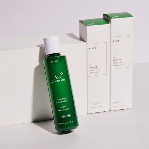 ETUDE AC Clean Up Facial Fluid 180ml in green bottle with hydrating formula alongside matching white and green packaging boxes
