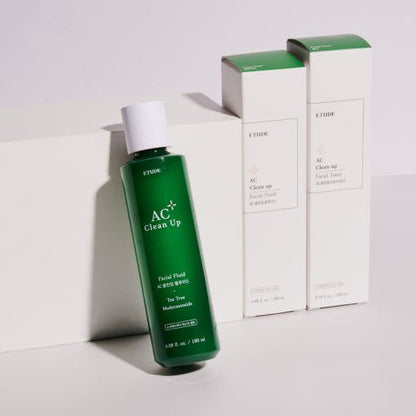 ETUDE AC Clean Up Facial Fluid 180ml in green bottle with hydrating formula alongside matching white and green packaging boxes