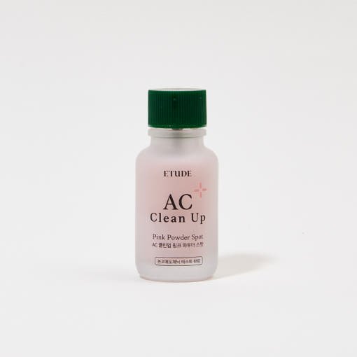 ETUDE AC Clean Up Pink Powder Spot 15ml in small frosted bottle with green cap for rapid relief treatment