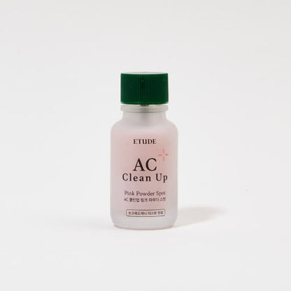 ETUDE AC Clean Up Pink Powder Spot 15ml in small frosted bottle with green cap for rapid relief treatment