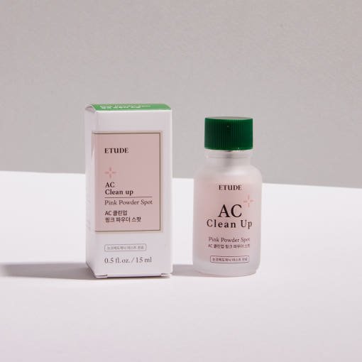 ETUDE AC Clean Up Pink Powder Spot 15ml in frosted bottle with green cap and matching box for rapid relief care