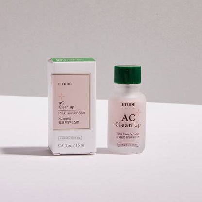 ETUDE AC Clean Up Pink Powder Spot 15ml in frosted bottle with green cap and matching box for rapid relief care