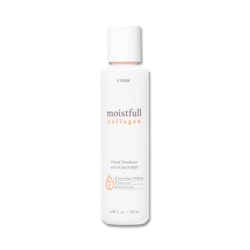 ETUDE Moistfull Collagen Emulsion 180ml in a white bottle with orange text offering deep hydration for skin care