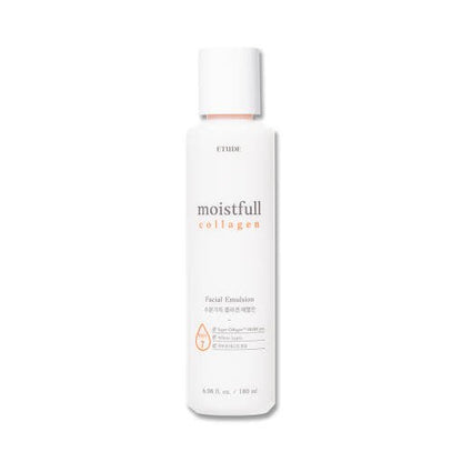 ETUDE Moistfull Collagen Emulsion 180ml in a white bottle with orange text offering deep hydration for skin care