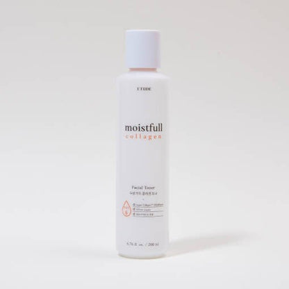 ETUDE Moistfull Collagen Facial Toner 200ml in minimalist white bottle delivering deep hydration for skin care routines