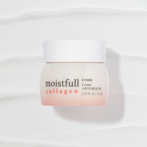 ETUDE Moistfull Collagen Cream 75ml jar placed on creamy textured white background for moisture retention benefits