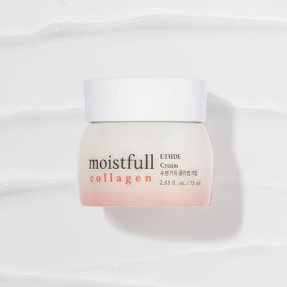 ETUDE Moistfull Collagen Cream 75ml jar placed on creamy textured white background for moisture retention benefits