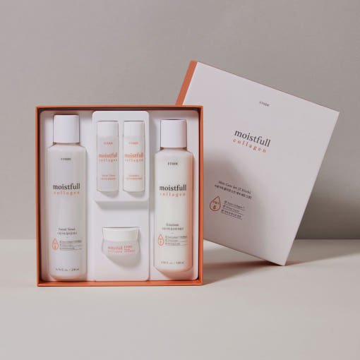 ETUDE Moistfull Collagen Skincare Duo Set with deep hydration formula in white bottles and jars inside peach-bordered box
